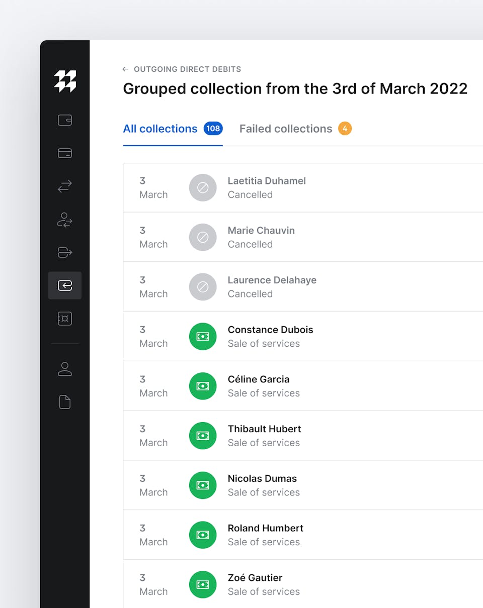 Interface listing direct debits payments that just took place.